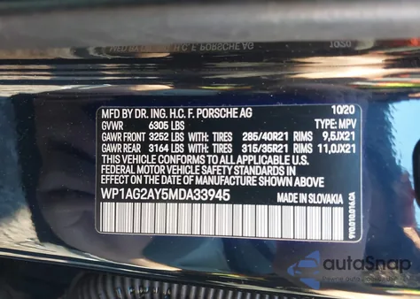 2021 Porsche Cayenne Gts из США, поврежденный, VIN WP1AG2AY5MDA33945